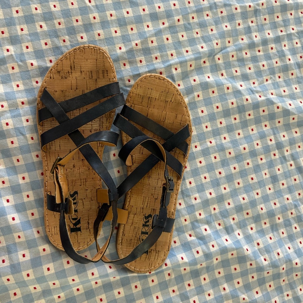 Kork-Ease Black and Brown Sandals with Criss-Cross Straps